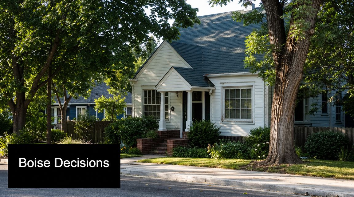 A charming white house with a gabled porch surrounded by lush green trees in a quiet neighborhood.