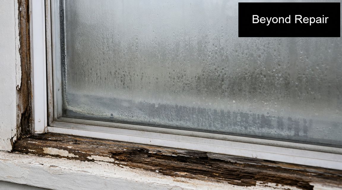 A close-up view of a severely rotten wooden window sill and condensation inside the glass pane.