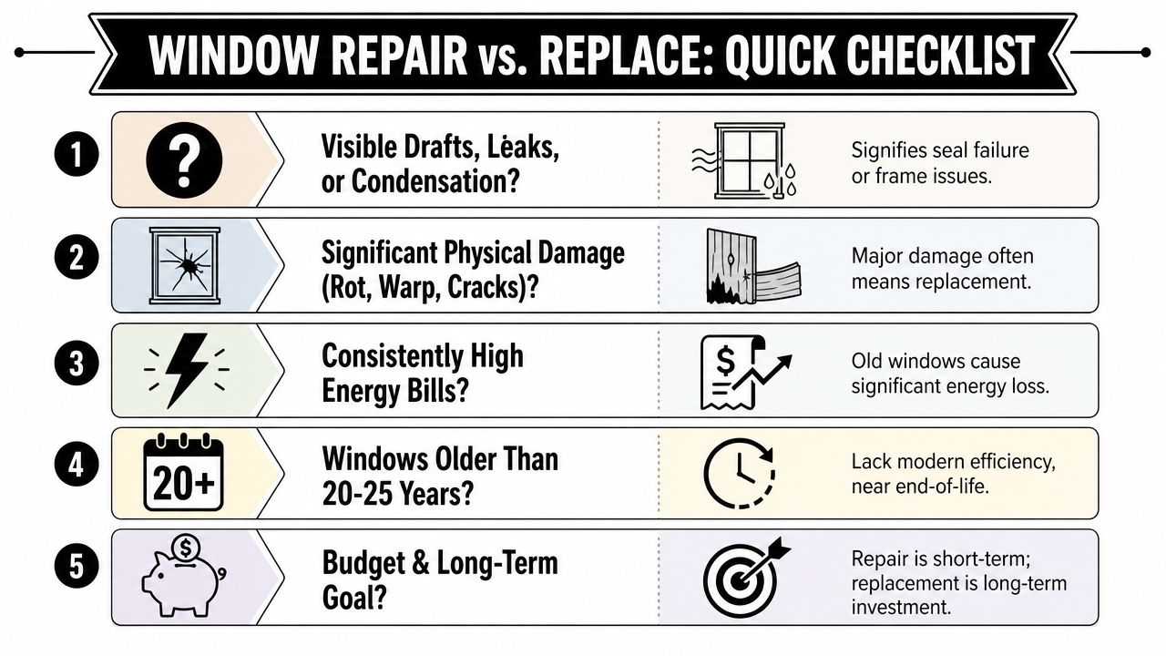 A quick checklist infographic comparing factors to consider when deciding to repair or replace home windows.