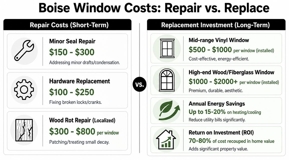 A cost comparison infographic for Boise window repair versus replacement, highlighting specific repair and investment price ranges.