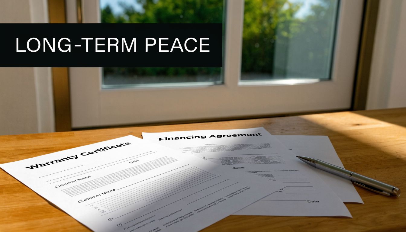 A close-up of a warranty certificate and financing agreement on a wooden table near a window.