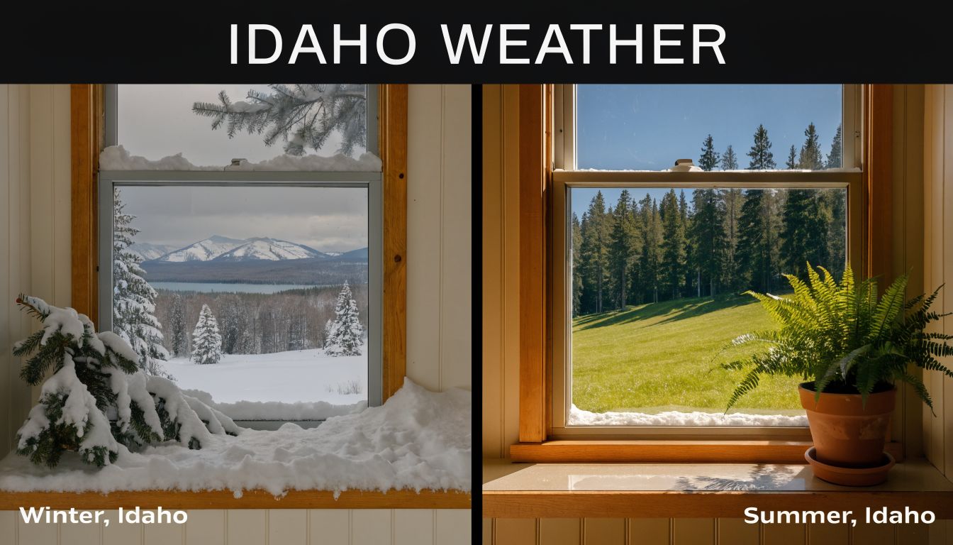 A split image showing the same window view in Idaho during snowy winter and sunny summer seasons.