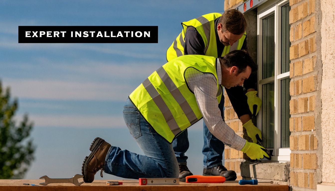 Two professional construction workers in safety vests installing a window on a brick house during daylight.