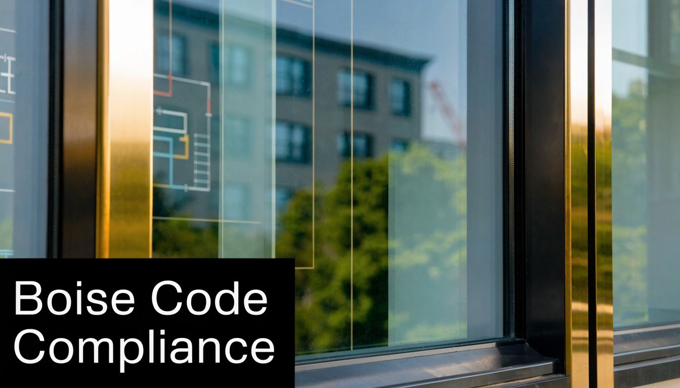 A large window displaying the text Boise Code Compliance against a reflective glass surface with city views.