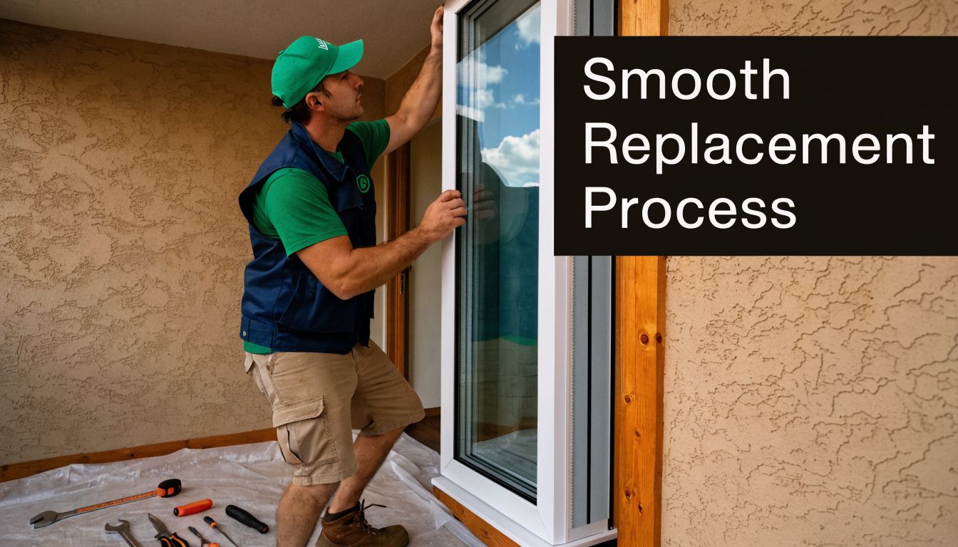A professional construction worker installing a new white framed glass window in a home renovation project.