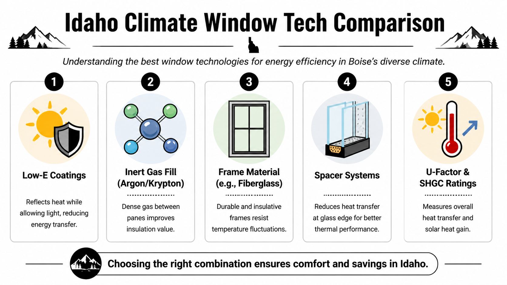 An infographic detailing five key window technologies for energy efficient home improvements in the Boise, Idaho climate.