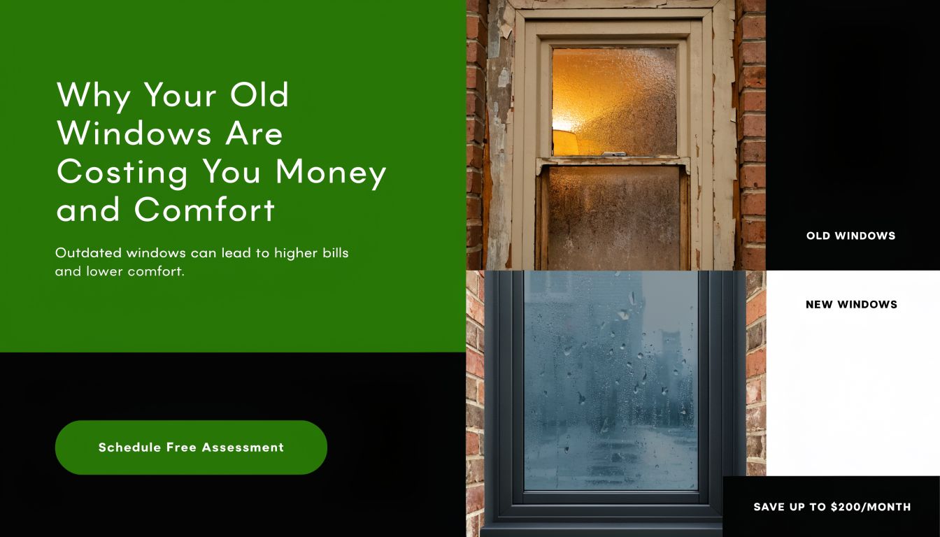 A split image showing worn old windows versus modern, high-quality replacement windows to save on home costs.