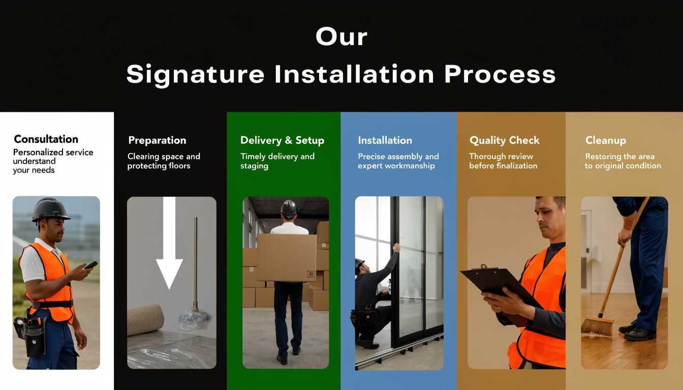 A professional infographic detailing the six-step installation process for home window replacement and improvement services.