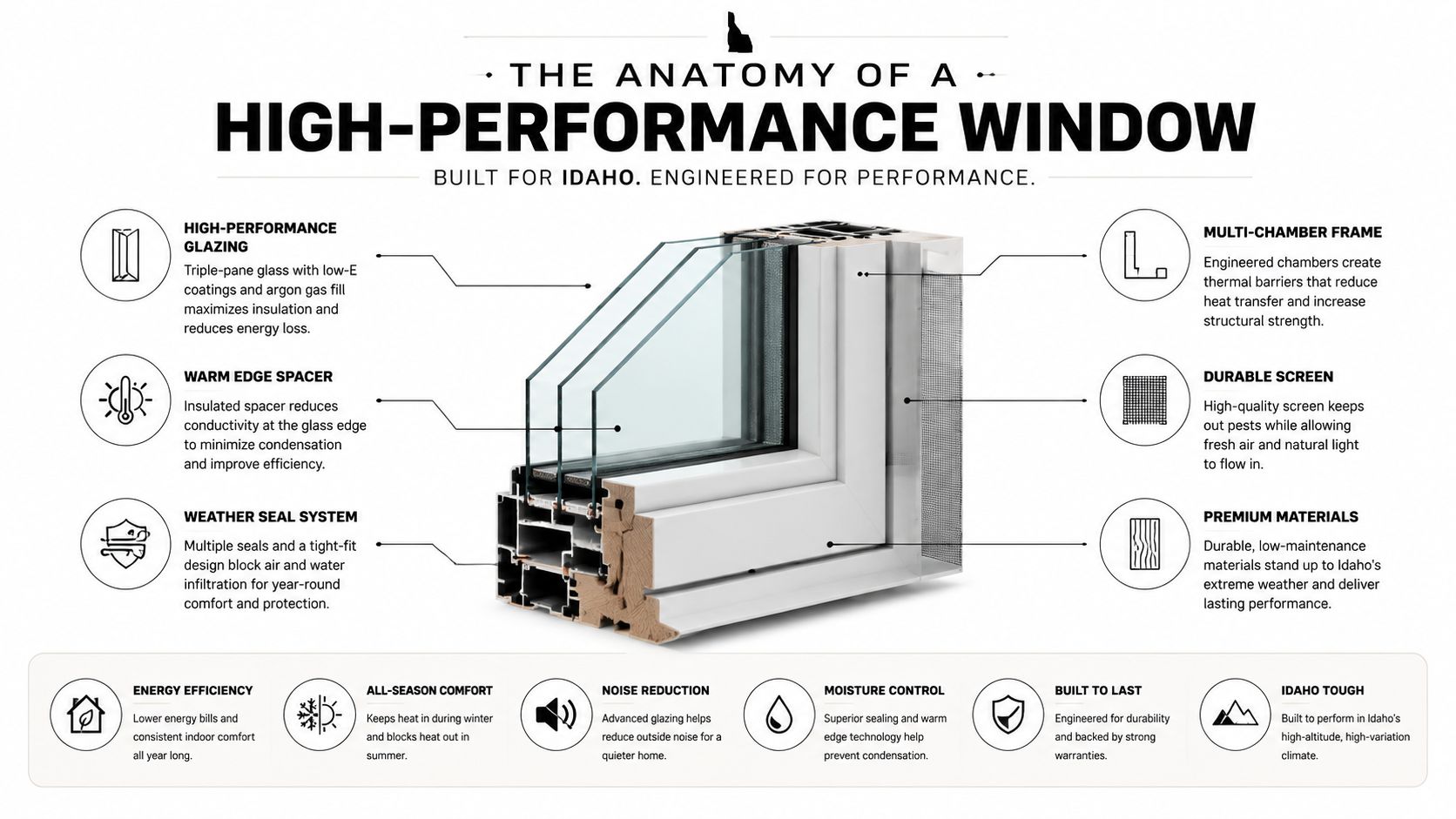 A detailed diagram illustrating the components of a high-performance triple-pane window designed for Idaho climate conditions.