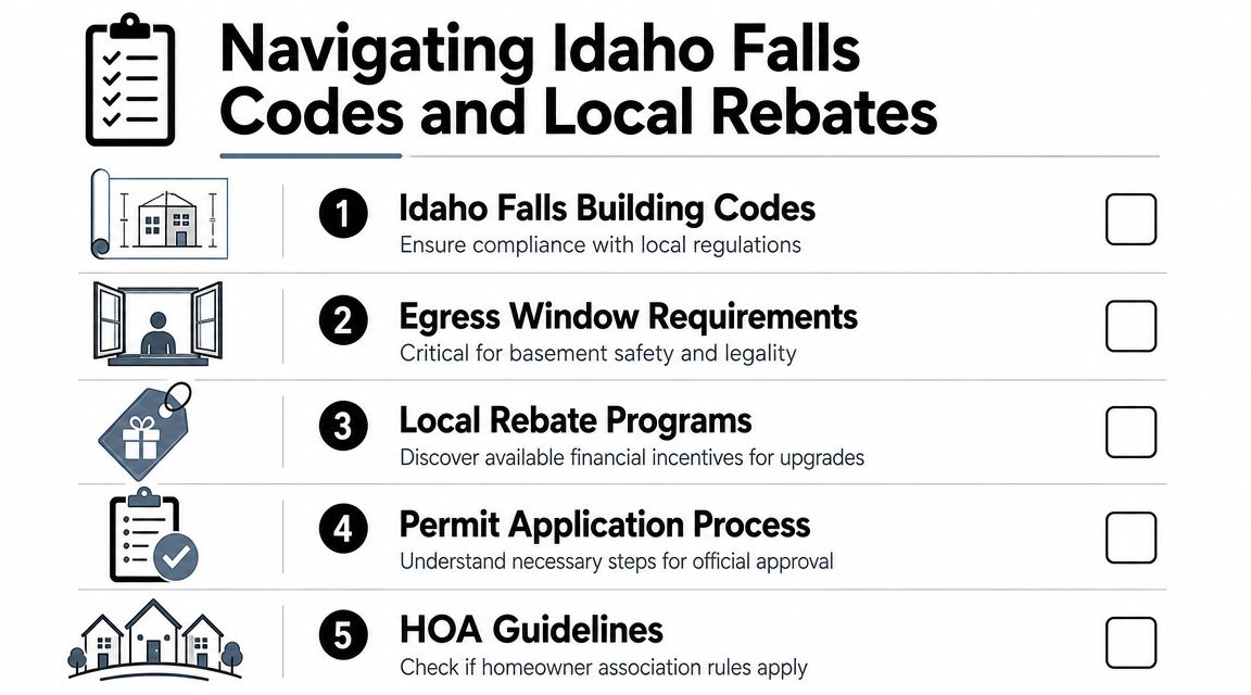 Checklist showing five key steps for navigating home improvement building codes and local rebates in Idaho Falls.