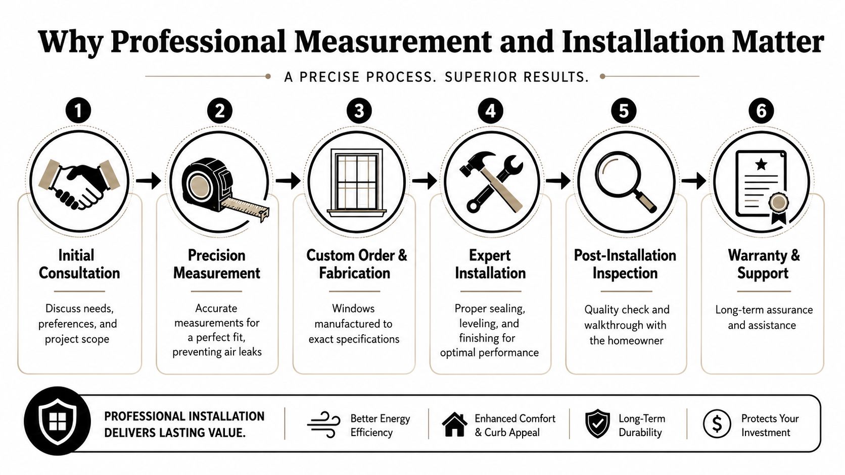 A six-step infographic explaining the benefits and process of professional window measurement and installation for homes.
