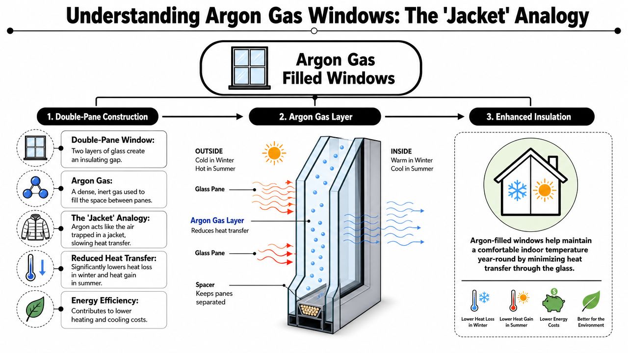 A diagram explaining how argon gas filled double-pane windows provide insulation using the jacket analogy.