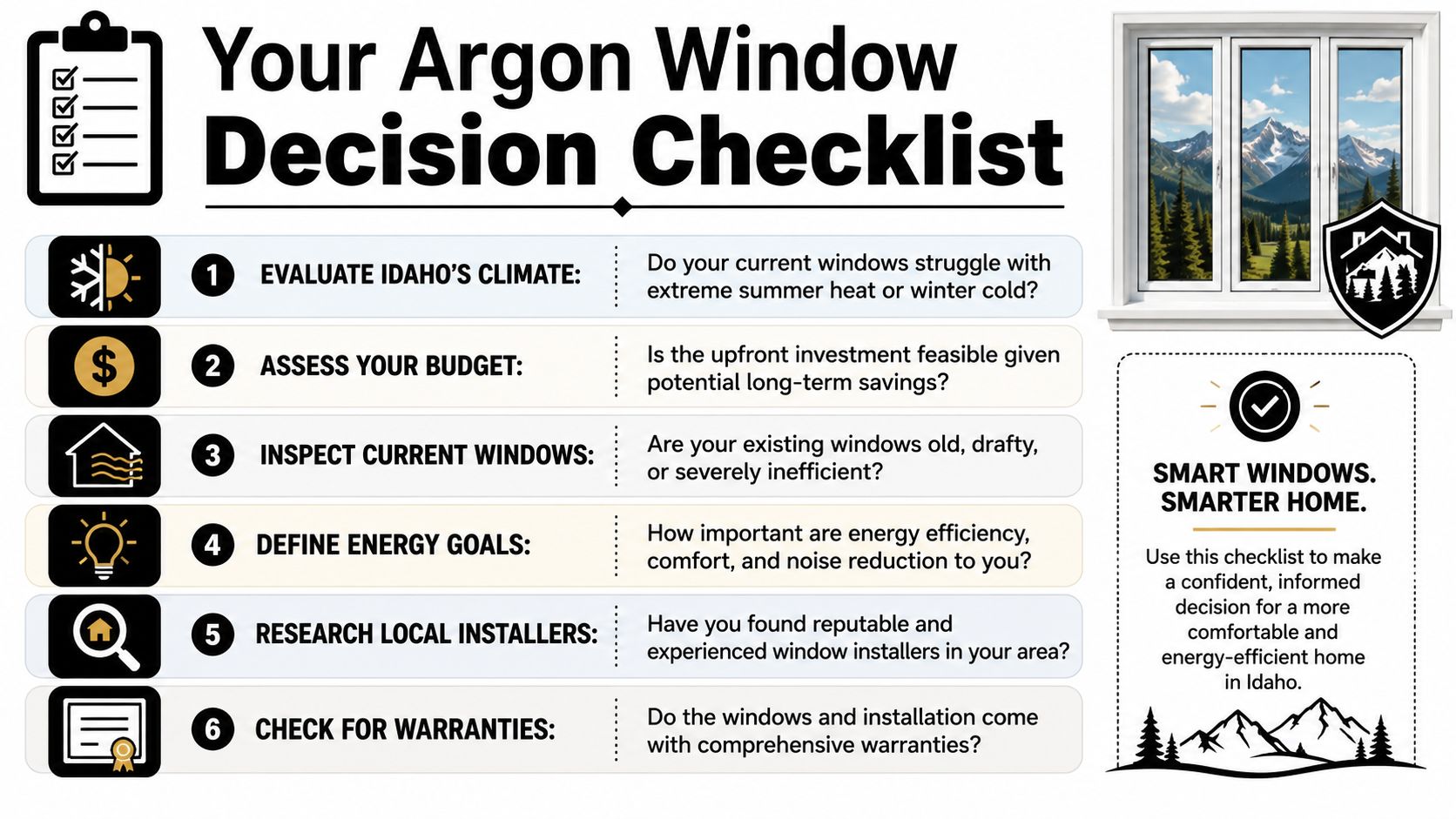 A decision checklist infographic for homeowners in Idaho considering argon gas windows for improved energy efficiency.