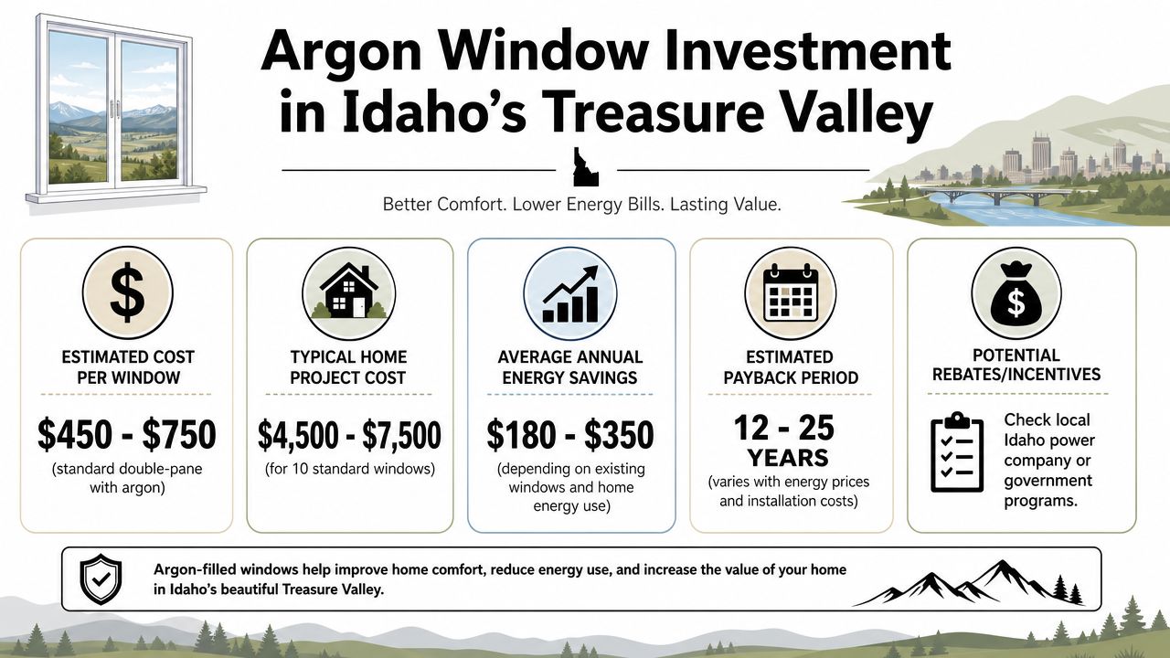 An infographic detailing the costs, energy savings, and payback period for installing argon-filled windows in Idaho homes.