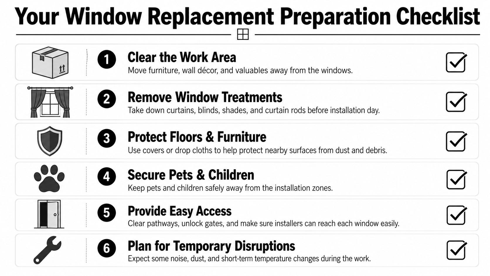 A six-step checklist for preparing a home for professional window replacement services including safety and cleaning tips.