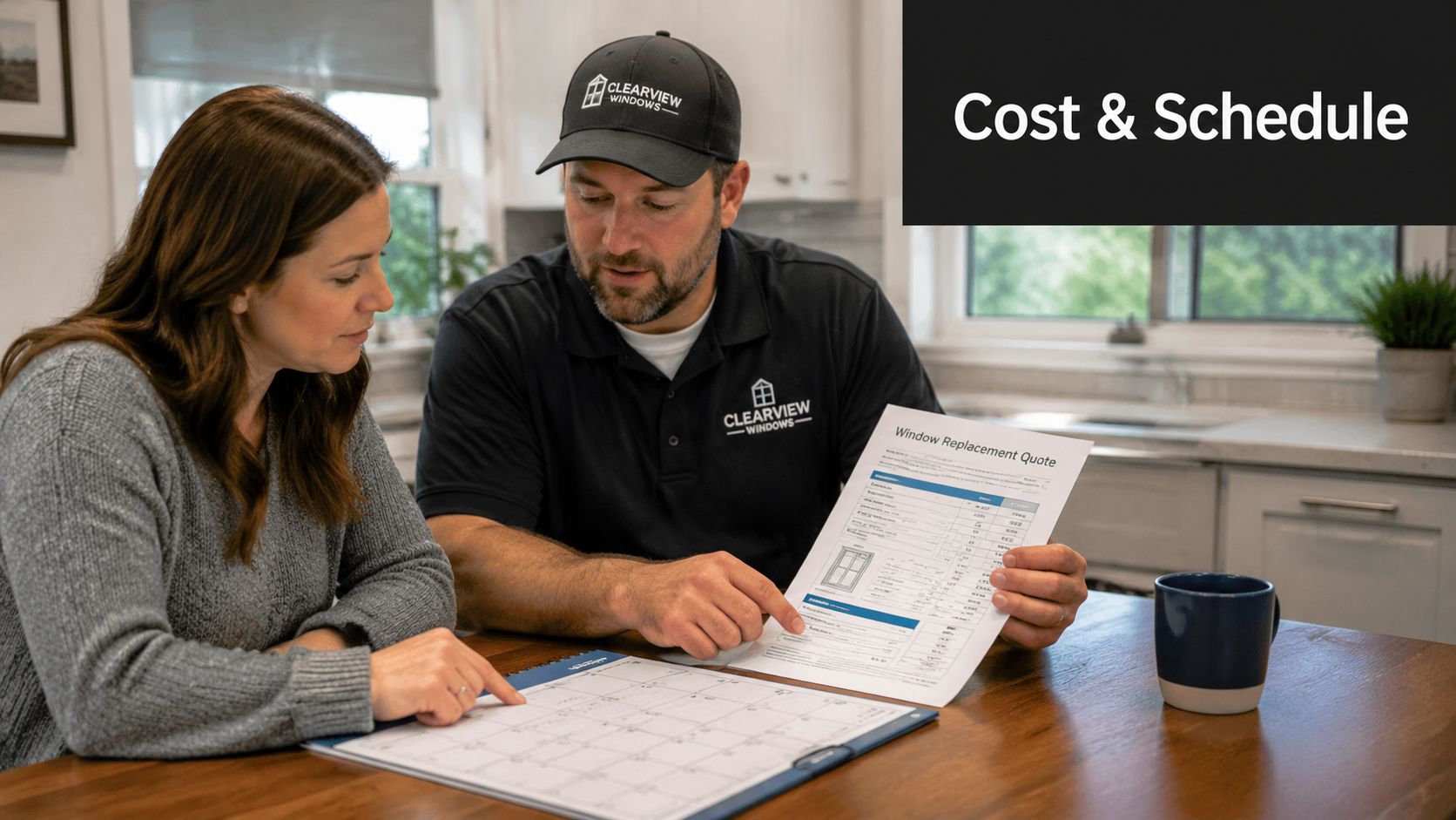 A window installation specialist discusses a quote and project schedule with a customer at a table.