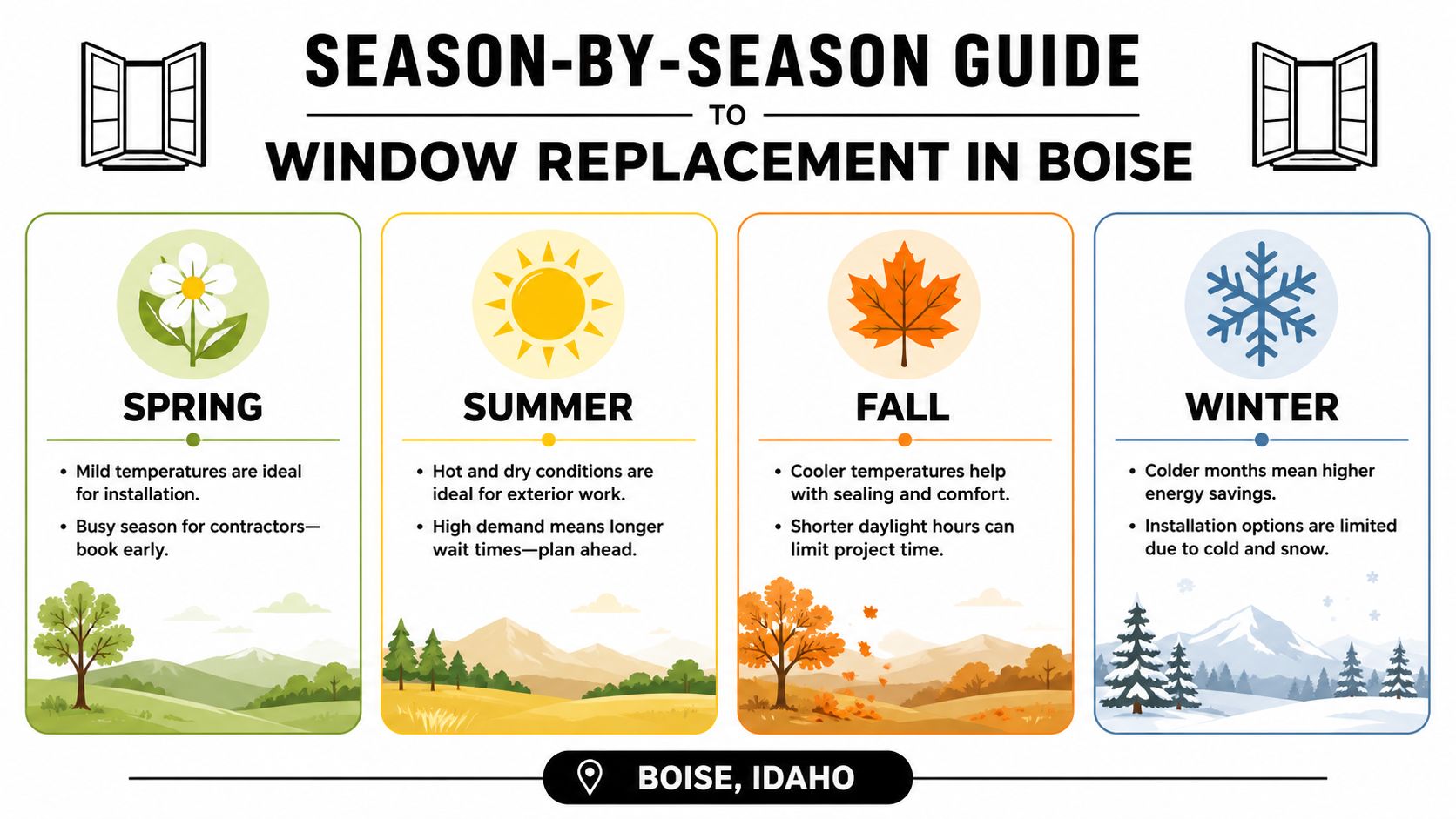 A season-by-season guide for homeowners in Boise, Idaho, detailing the best times for window replacement projects.