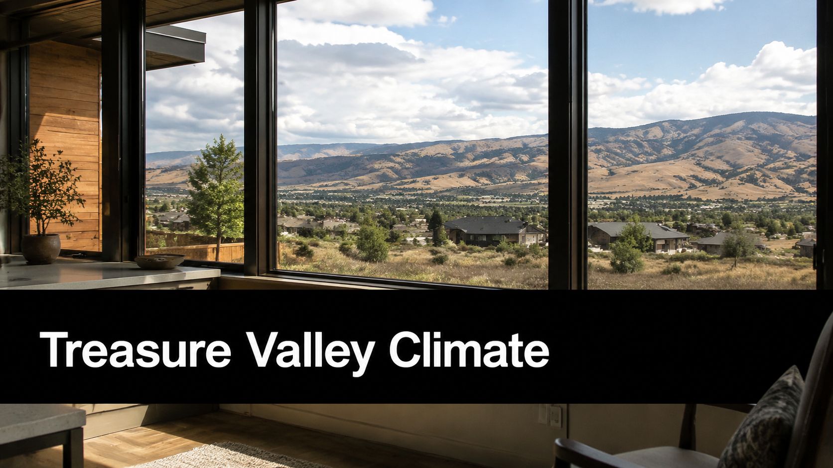 A scenic view of the Treasure Valley landscape framed through large modern floor-to-ceiling home windows.