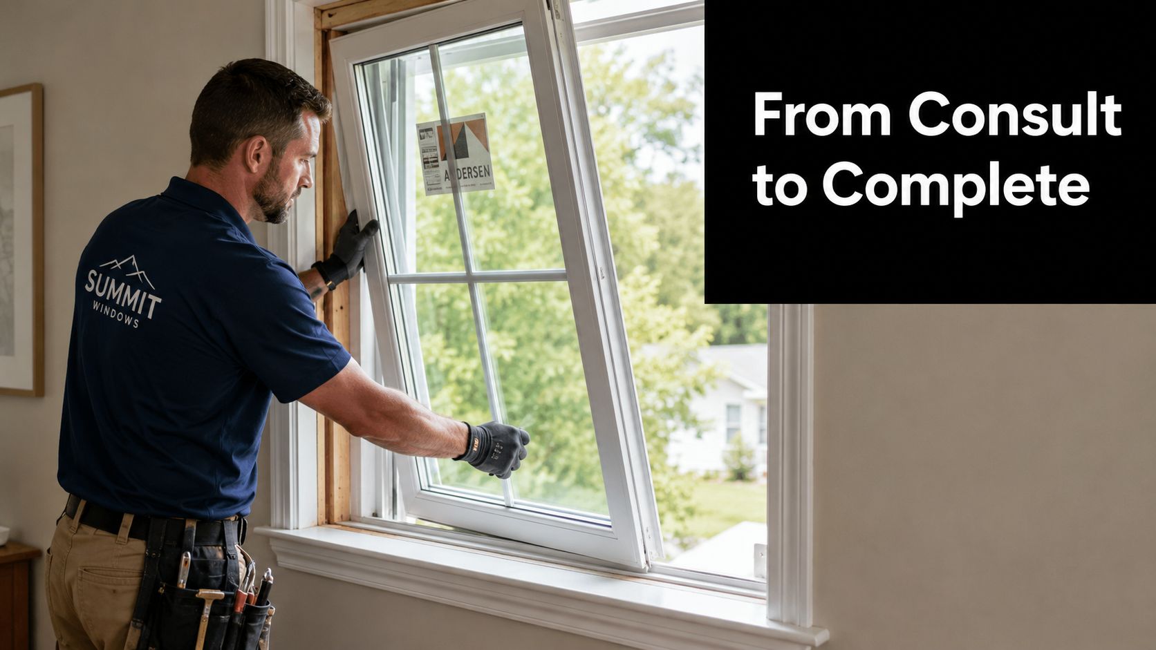 A professional installer from Summit Windows carefully installing a new Andersen window in a home interior.