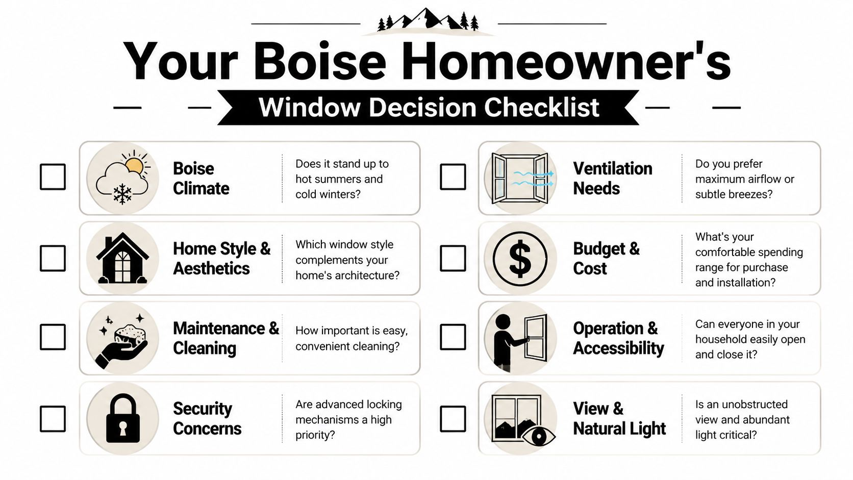 A checklist for Boise homeowners to consider when choosing new replacement windows for their residence.