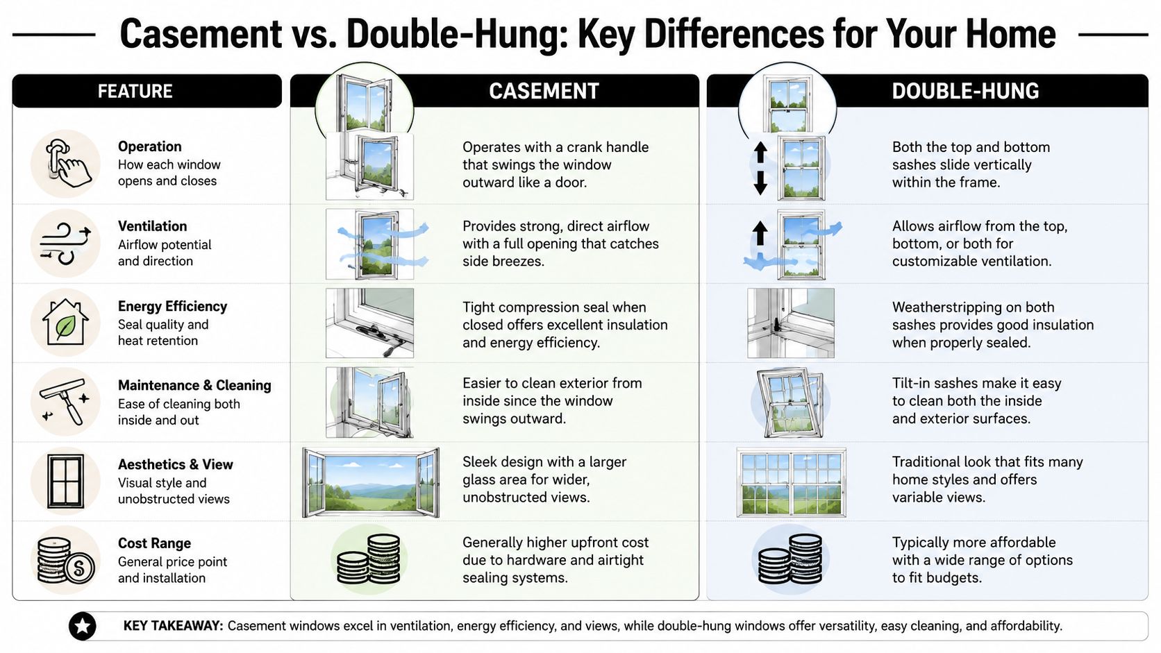 A comparison chart outlining the key differences between casement windows and double-hung windows for homeowners.