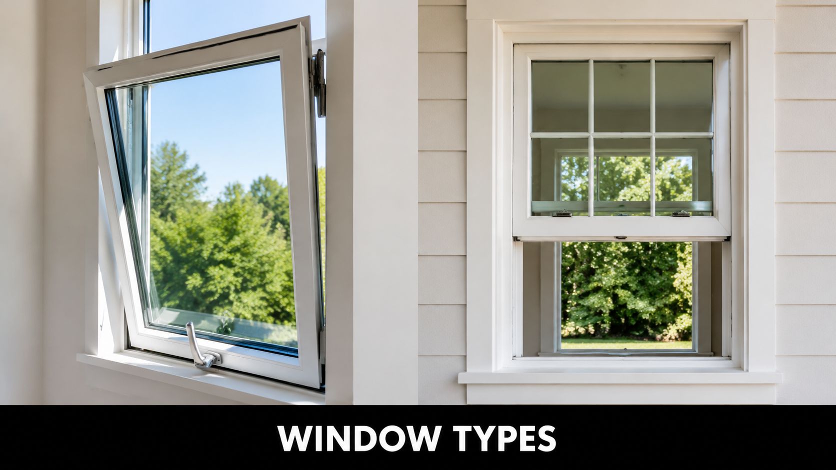 A side-by-side comparison showing a casement window open on the left and a double hung window on the right.