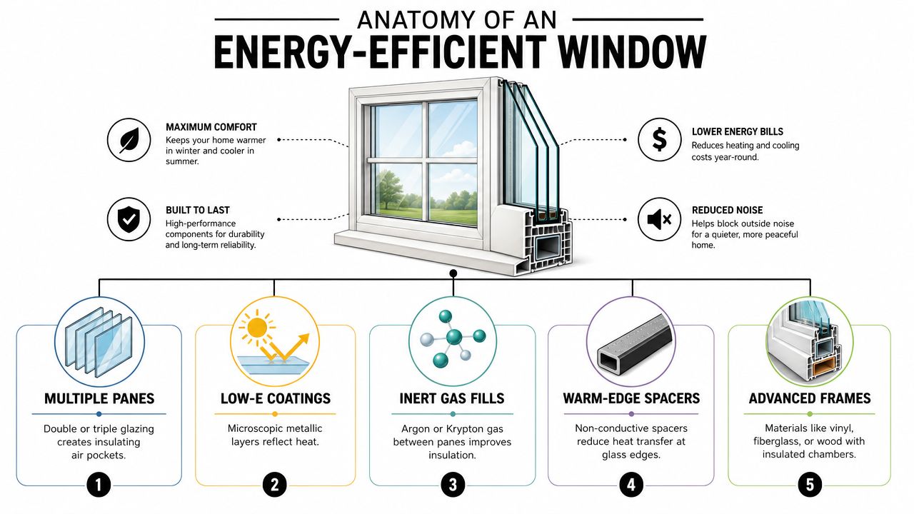 A detailed infographic titled Anatomy of an Energy-Efficient Window showing key features that improve home energy efficiency.