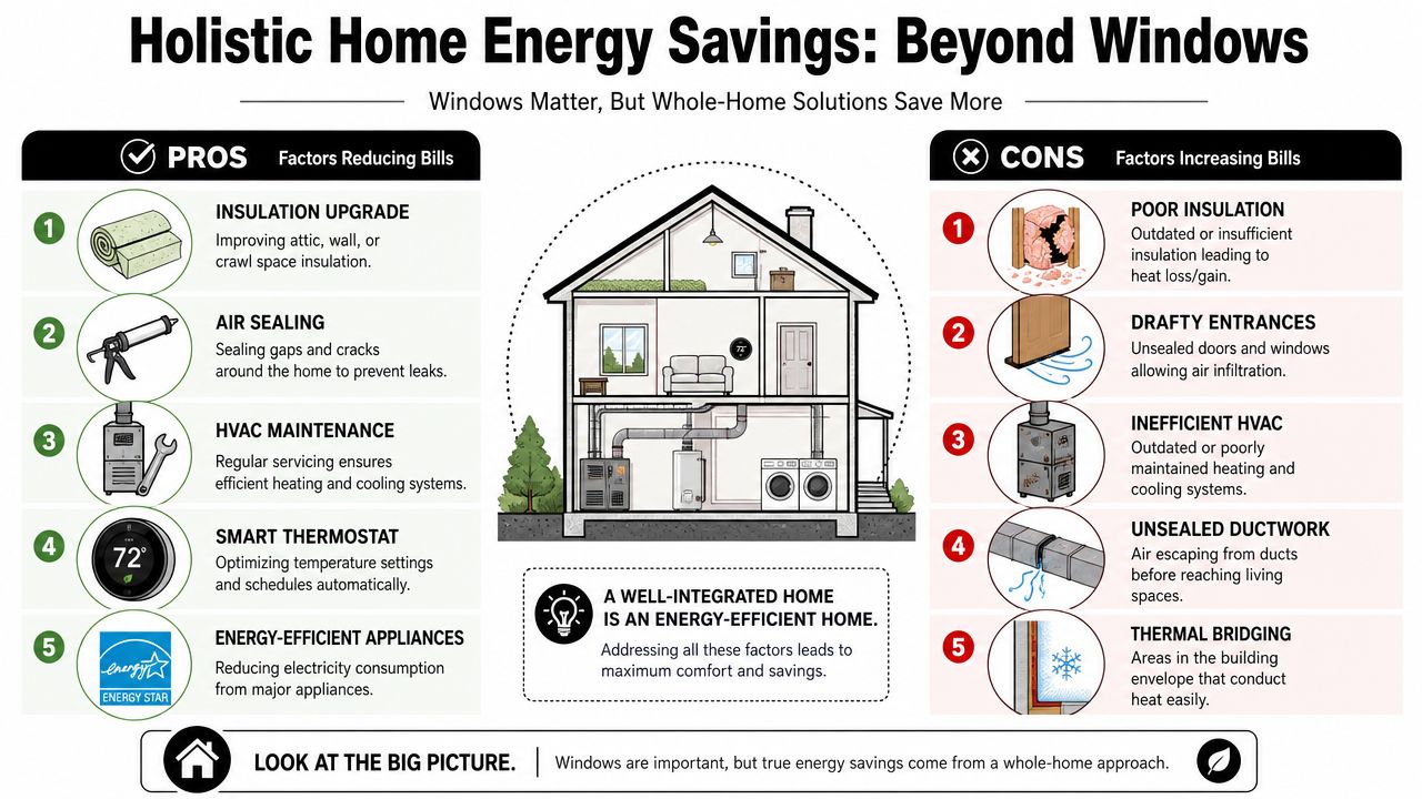 An infographic illustrating various home improvements like insulation and HVAC maintenance to enhance energy efficiency and savings.