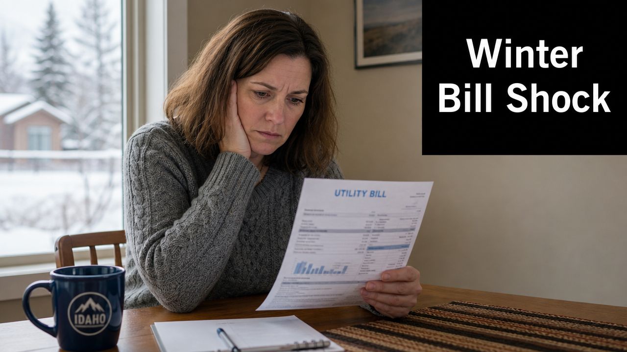 A concerned woman sitting at a table in Idaho looking at an expensive winter utility bill.