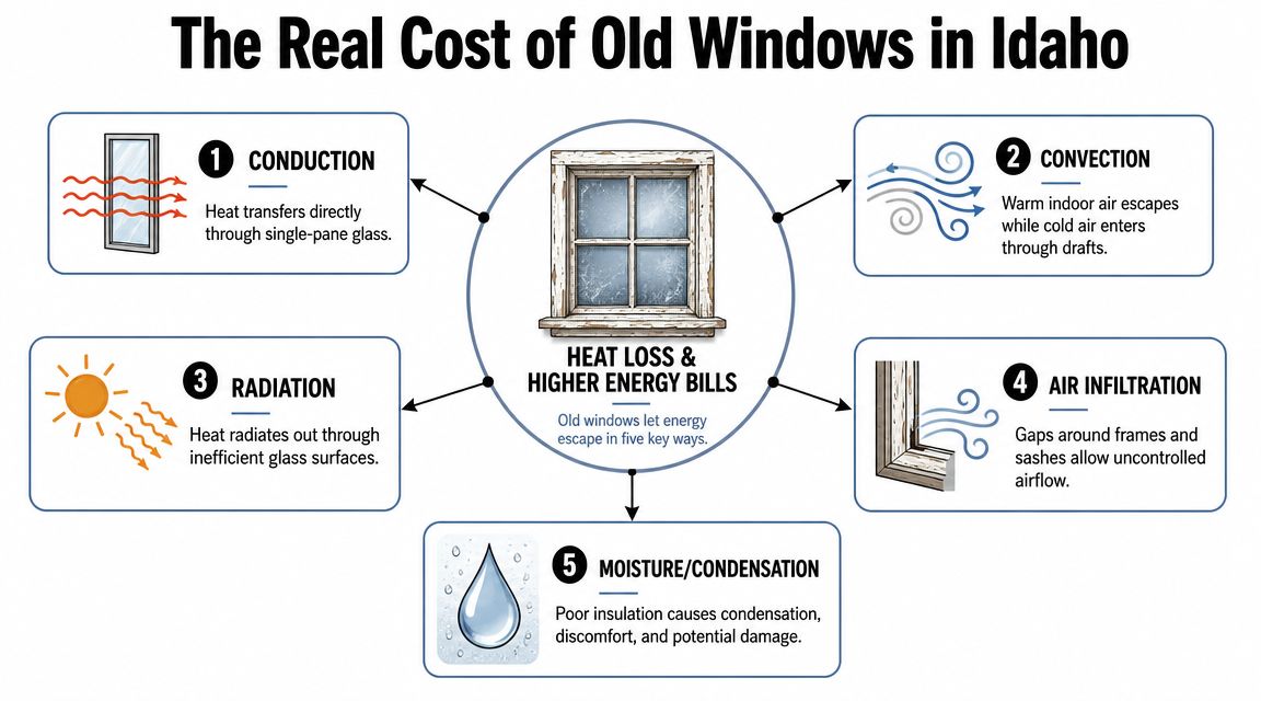 An infographic titled The Real Cost of Old Windows in Idaho showing five causes of heat loss.