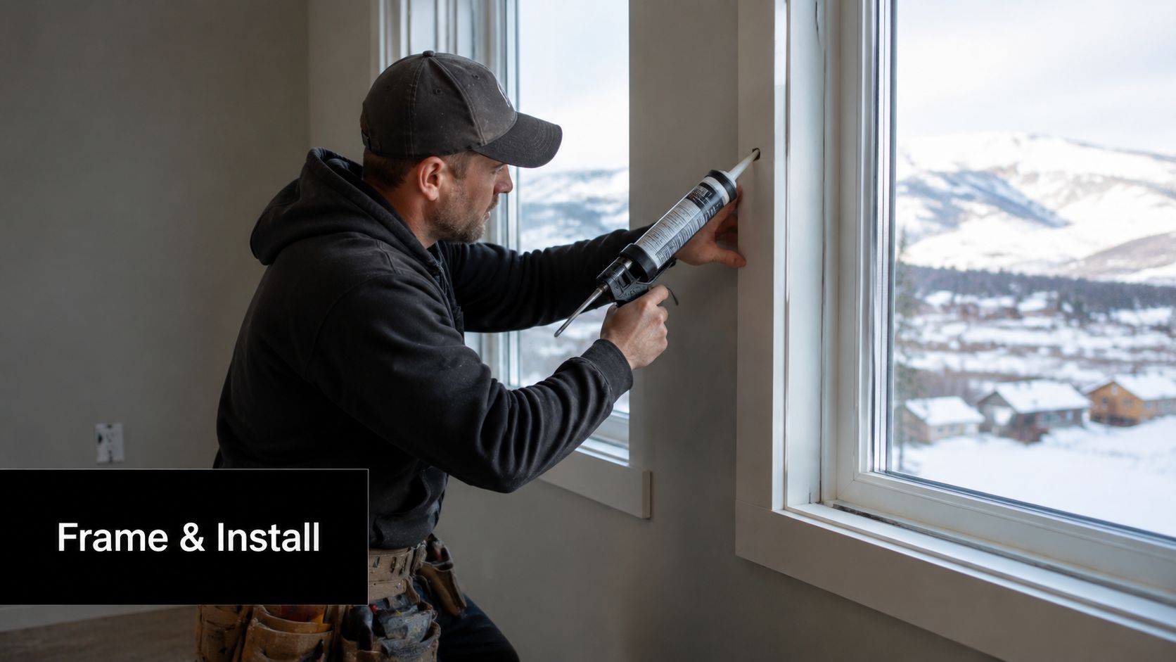 A professional construction worker uses a caulking gun to seal around a window frame in a house.