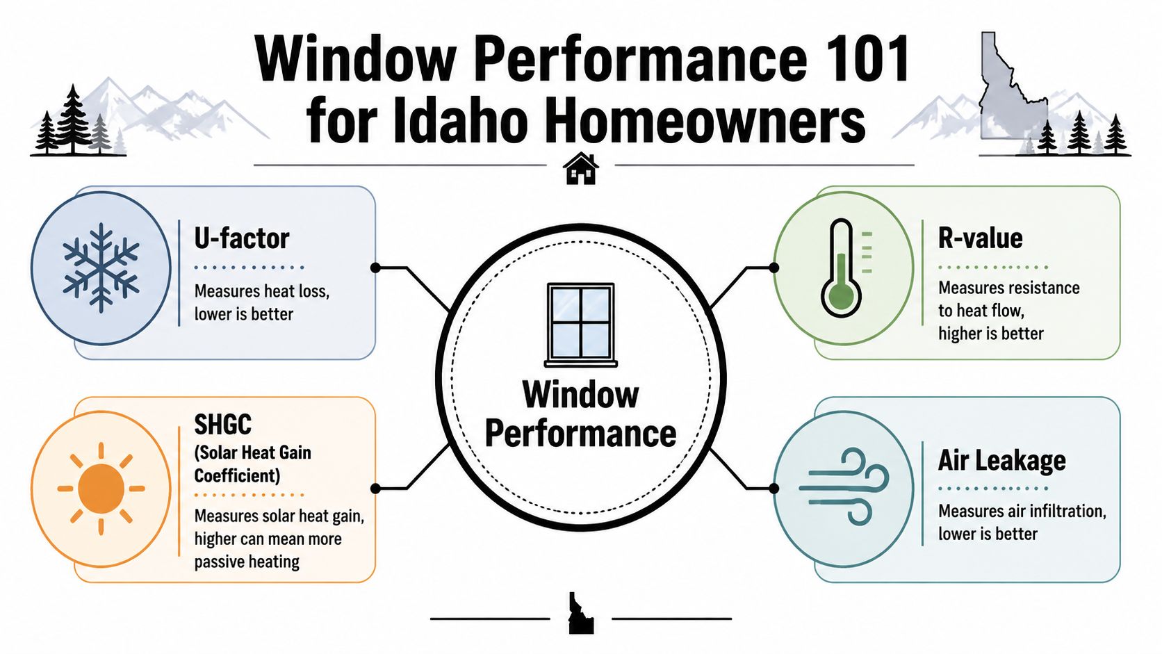 An infographic titled Window Performance 101 for Idaho Homeowners explaining U-factor, SHGC, R-value, and air leakage.