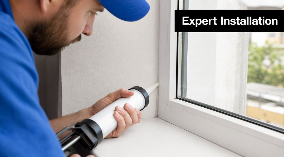 A professional installer carefully applying silicone caulk to seal the frame of an energy efficient window.