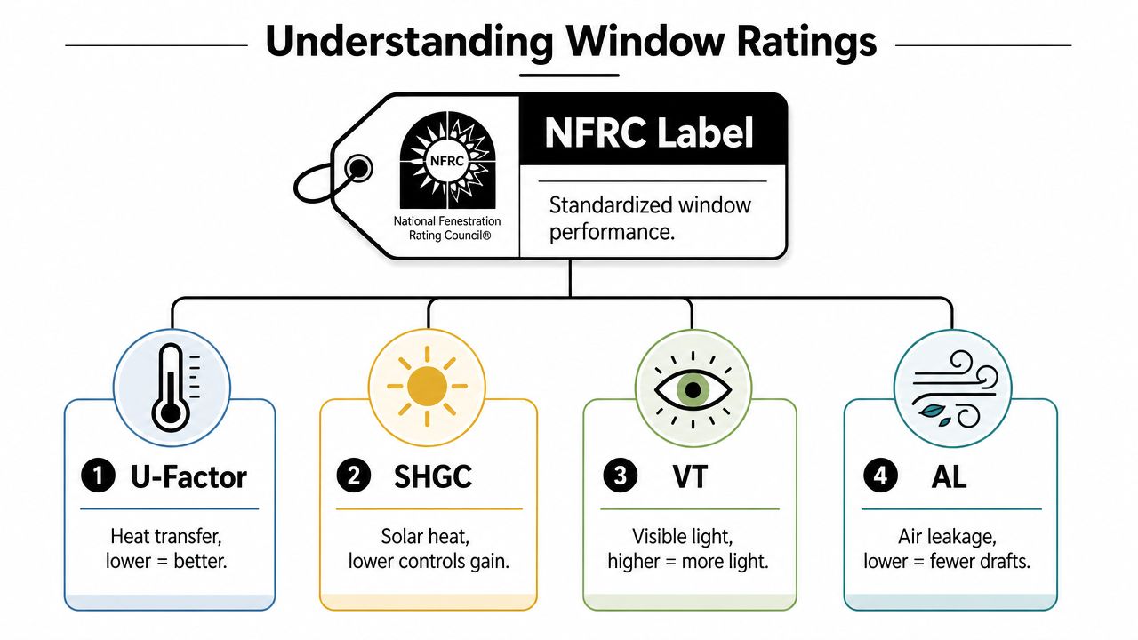 A diagram explaining NFRC window ratings, covering U-Factor, SHGC, VT, and AL metrics for energy efficiency.