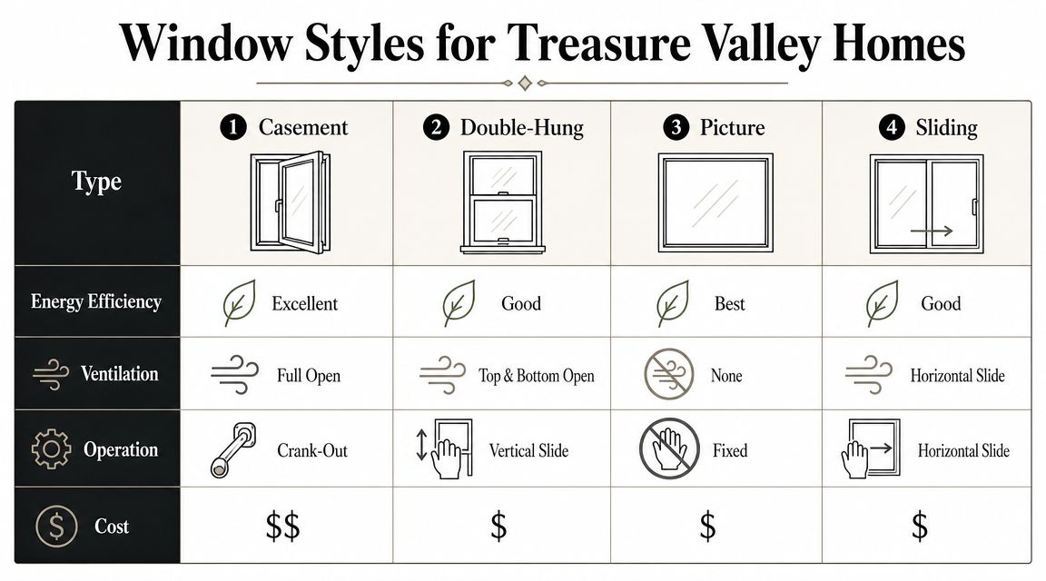 A chart comparing energy efficiency, ventilation, operation, and cost for four common residential window styles.
