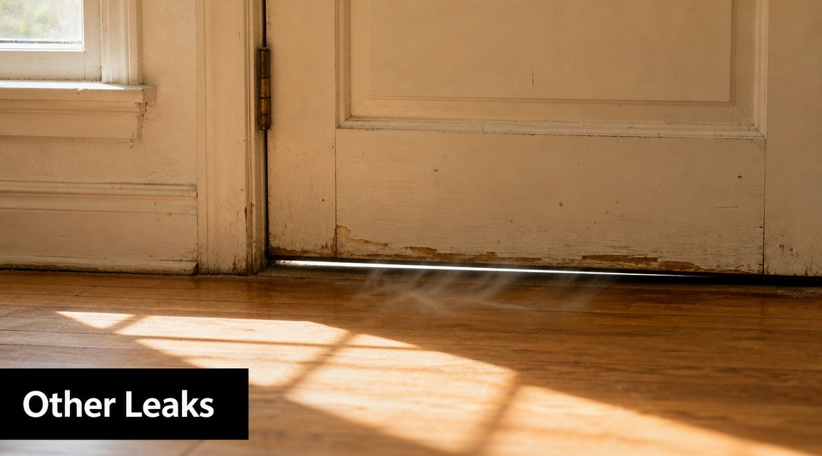 A drafty wooden door showing light and air leaking through the large gap at the bottom.