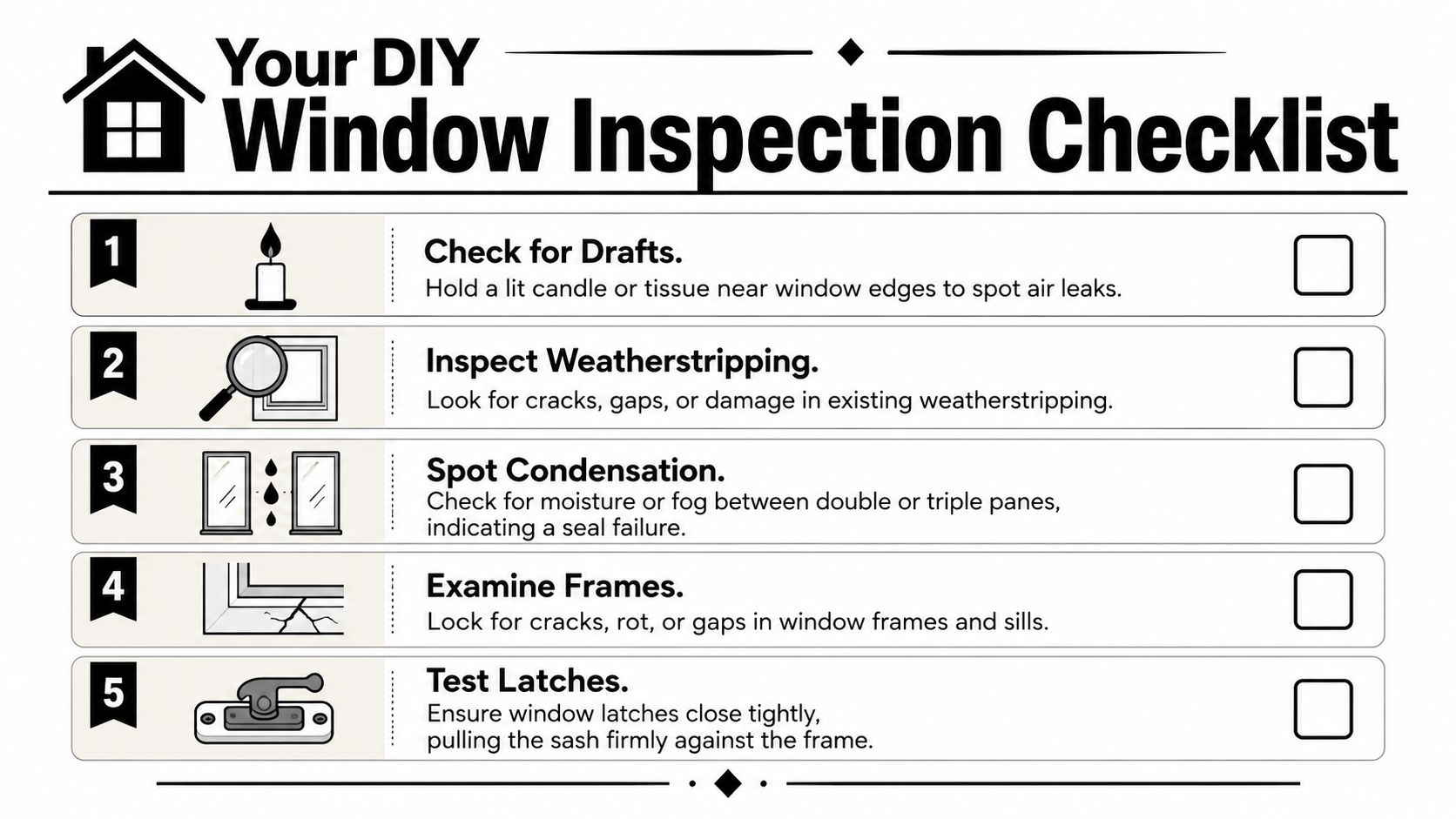 A DIY window inspection checklist graphic showing five numbered steps for identifying common home window problems.