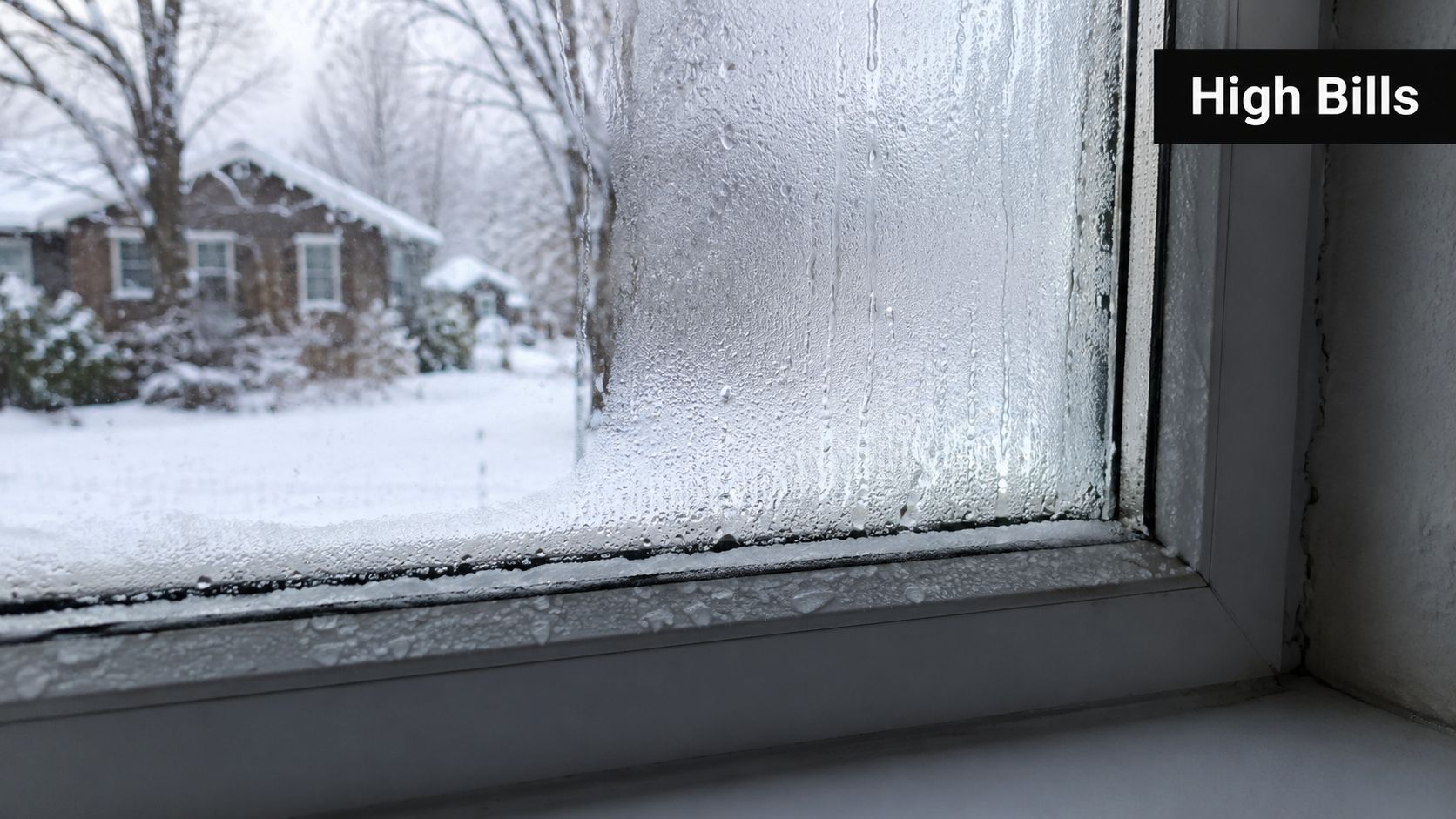 A close-up of a frosty, condensation-covered window looking out at a snowy residential landscape during winter.