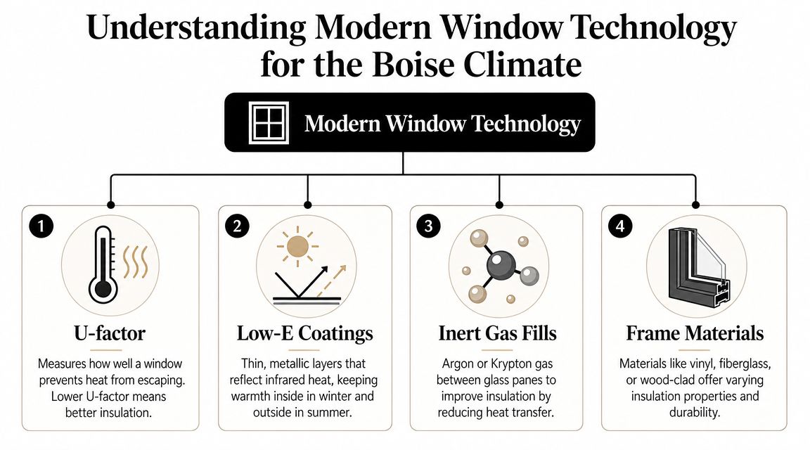 A diagram explaining modern window technologies, including U-factor, Low-E coatings, inert gas fills, and frame materials.