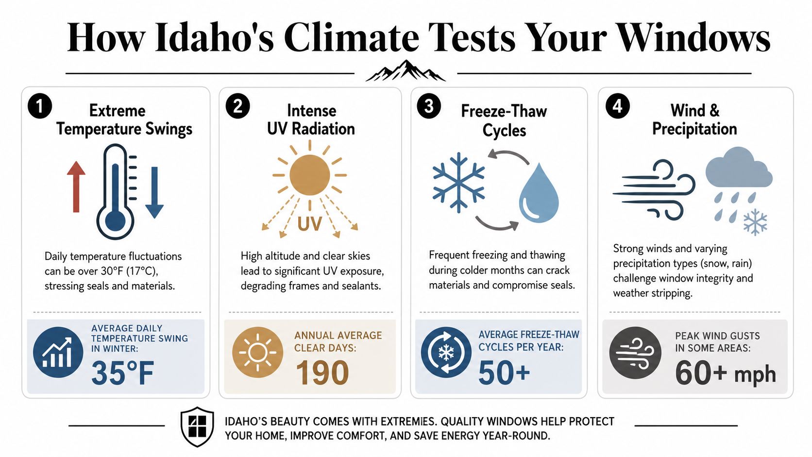 An infographic detailing four ways Idaho's extreme climate challenges window durability, longevity, and overall home energy efficiency.