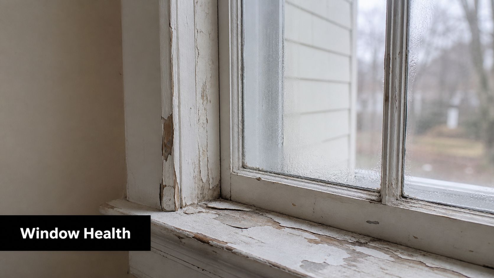 Close up of an old window frame with peeling white paint and significant wood surface deterioration