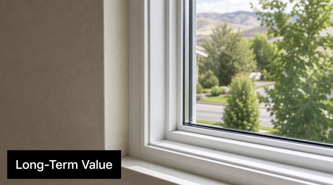 A close-up view of a clean white window frame looking out over a suburban residential neighborhood.