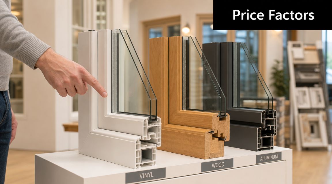 A hand pointing to a vinyl window frame sample displayed in a showroom next to other frames.