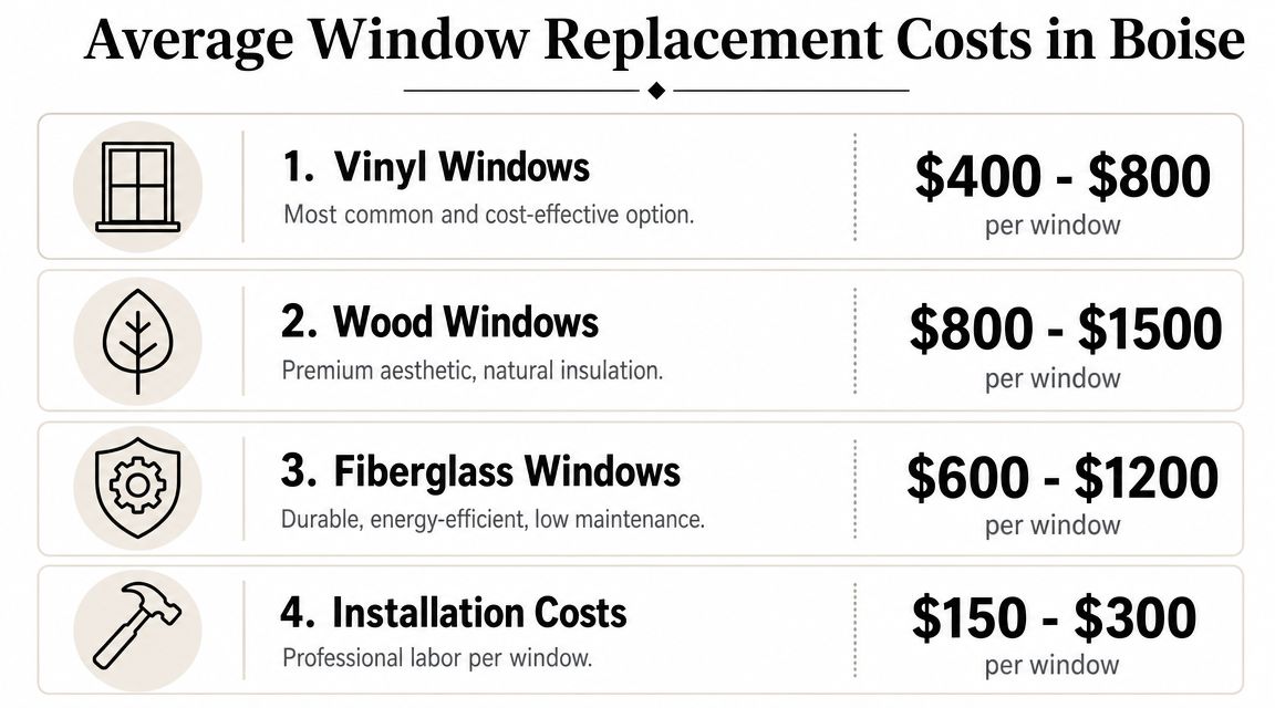 A chart detailing the average cost of various window types and installation services in Boise, Idaho.