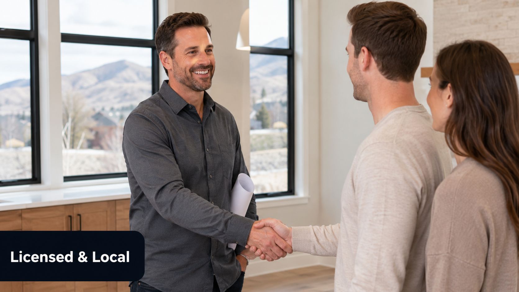 A professional window contractor shaking hands with a happy couple in a bright, modern residential home.