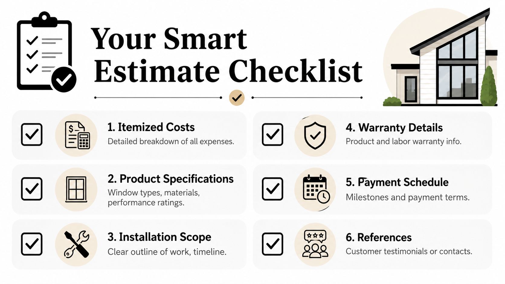 A checklist infographic titled Your Smart Estimate Checklist listing six essential items for choosing window replacement services.
