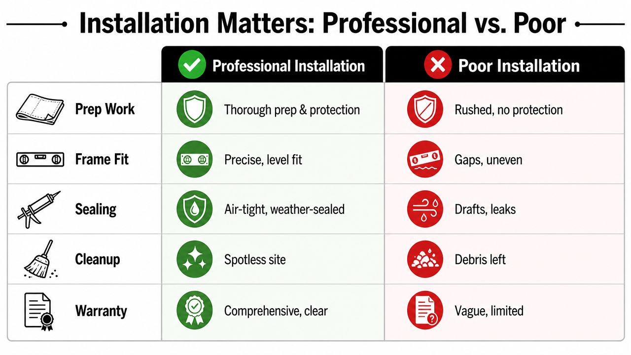 A comparison chart showing the differences between professional and poor quality window installation services for home improvement.