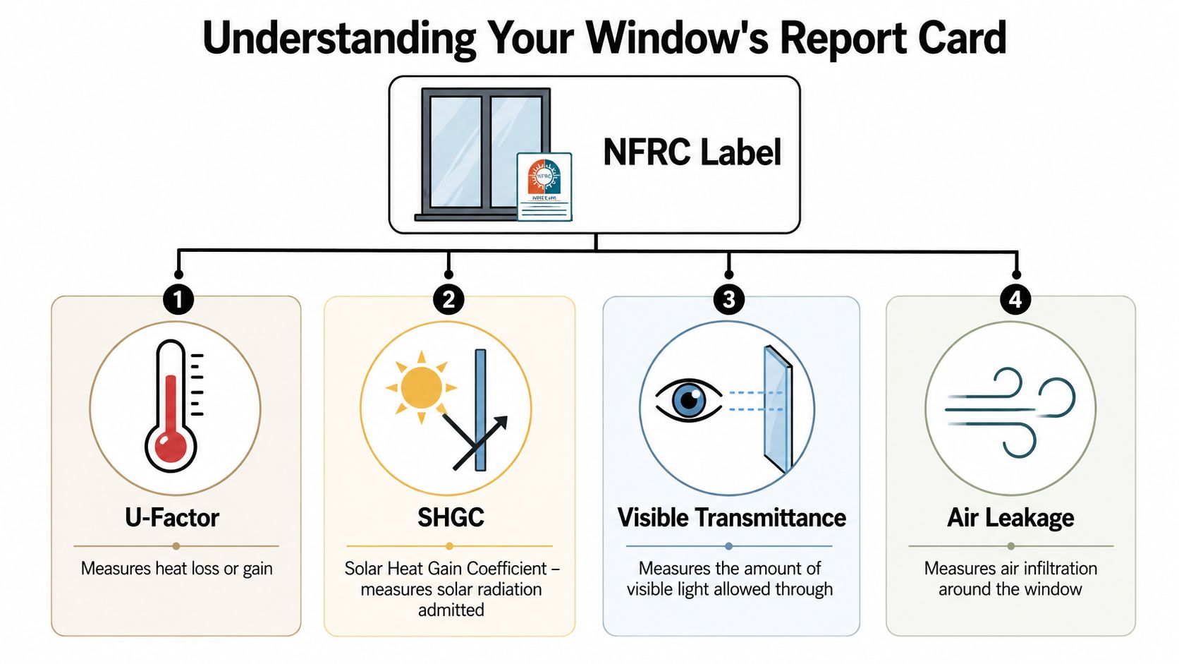 An infographic explaining the four metrics found on an NFRC window performance label for energy efficiency.