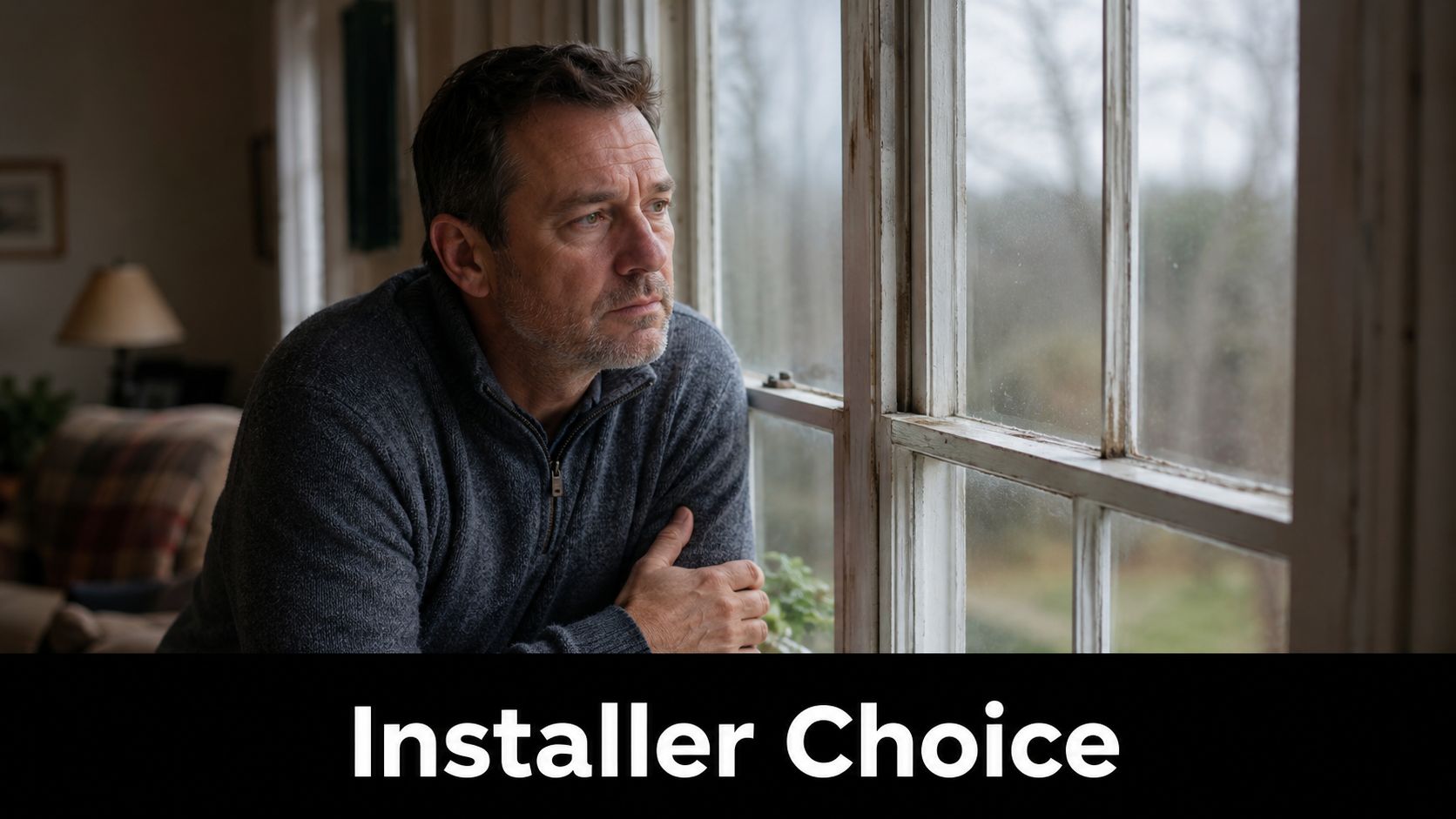 A pensive middle-aged man gazes through a window inside a home, contemplating his home improvement decision.
