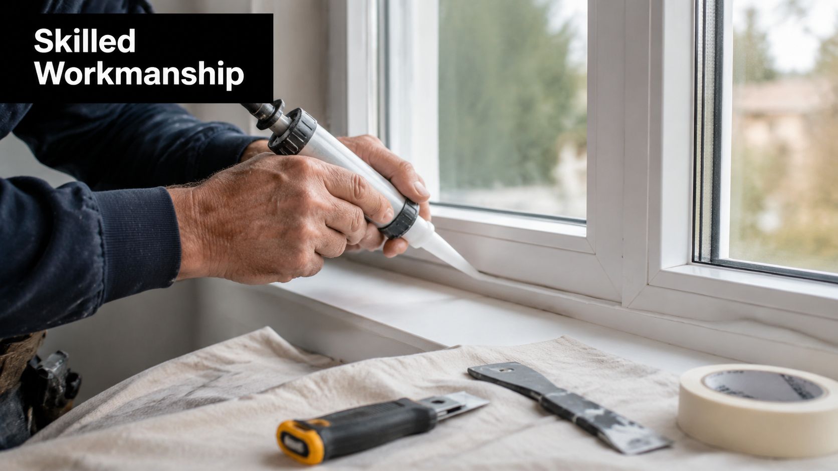 A professional construction worker uses a caulking gun to apply sealant around a new window frame.